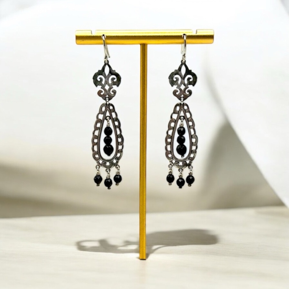 W2308 Retired Silpada 925 Sterling Silver Black Chalcedony Chandelier Earrings